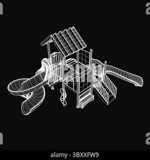 3D model of a playground structure featuring a slide, swings, and climbing elements, rendered on a black background. The clean graphic design highligh Stock Vector