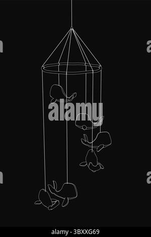A black and white drawing of a whale mobile hanging from a string, featuring several whales of various sizes and colors arranged in a circular shape. Stock Vector