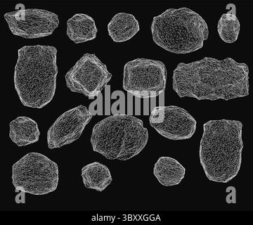White rocks arranged in a striking set against a deep black background, emphasizing contrast and simplicity. The smooth stones vary in size and shape, Stock Vector
