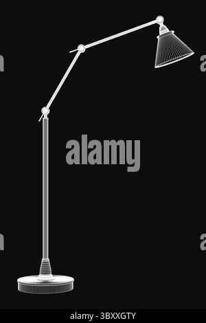 White floor lamp with sleek modern design stands against a black background for high contrast. Features a curved arm, round base, and adjustable shade Stock Vector