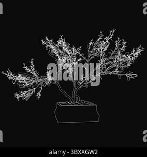 A decorative tree sketched in black and white, featuring detailed branches and leaves, placed in a simple pot against a dark background. The minimalis Stock Vector