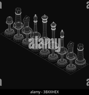 A 3D model of a chess set with metal pieces arranged in traditional formation, featuring glossy white pieces against a black background. The king and Stock Vector