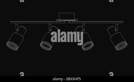 Four spotlights arranged in a triangular formation illuminate a sleek laptop placed at the center on a solid black background. The minimalist line dra Stock Vector
