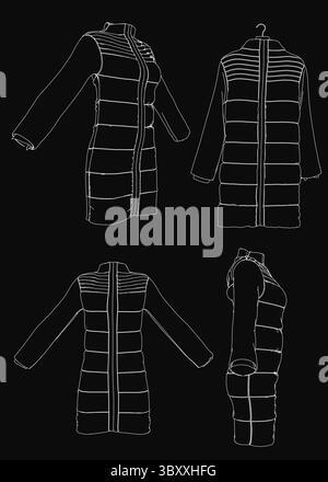 Women's puffer jacket line drawing on black background features a high collar, long sleeves, and zipper closure. Lightweight water-resistant fabric wi Stock Vector