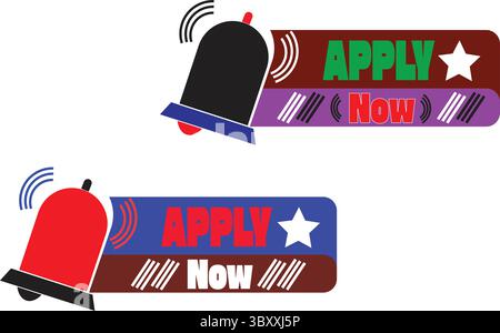 Multicolor apply now alert label vector with star icon and red emergency bell for promotional use Stock Vector