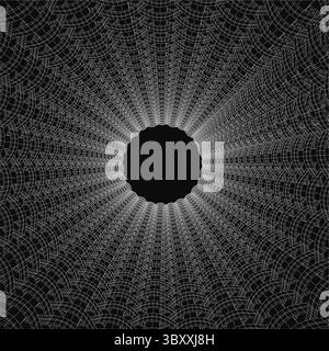 A black and white spider web forms an abstract tunnel illusion with a central hole, creating depth and mystery. The intricate radial pattern draws the Stock Vector