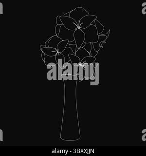 A black and white drawing of a vase filled with flowers stands out against a dark background. The vase is outlined in white, creating a striking contr Stock Vector