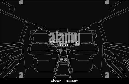 A black and white contour line drawing of a car interior featuring two seats, a steering wheel, and a speedometer. The dark background creates a myste Stock Vector