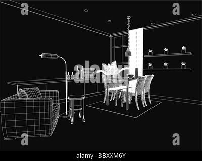 A black and white sketch of a cozy living room featuring a sofa with decorative pillows, a wooden table holding a flower vase, bottles, and a lamp. Sh Stock Vector