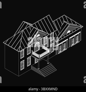 Black and white outline drawing of a house featuring a detailed porch and balcony, set against a dark contrasting background. The clean lines and mini Stock Vector