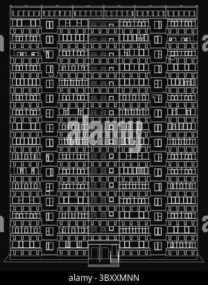 A tall residential building blueprint in black and white contour style, featuring numerous evenly spaced windows, clean architectural lines, and detai Stock Vector