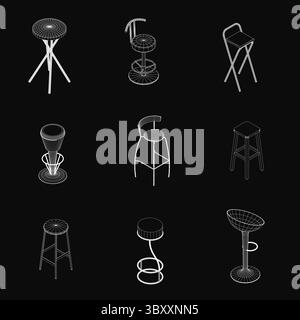 Six bar stools in a line art style, each with unique designs and shapes, ranging from simple to intricate details like swirls and curves. The white st Stock Vector