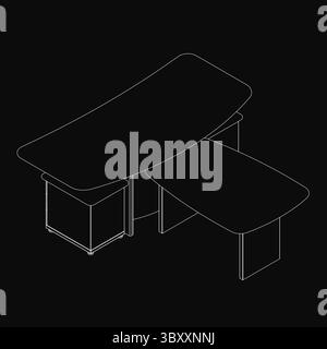 A sleek modern conference table with two benches, drawn in clean line art against a black background. The rectangular design features minimalist detai Stock Vector