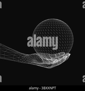 A wireframe sphere held in a person's hand against a black background, showcasing a futuristic 3D design. The geometric ball features interconnected l Stock Vector