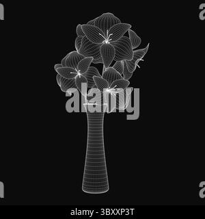 A 3D wireframe vase filled with vibrant flowers stands out against a black background. The vase features intricate geometric details, while the colorf Stock Vector