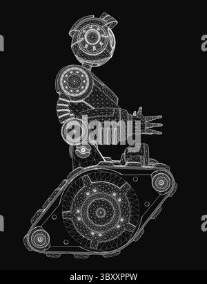 A black and white wireframe robot stands on a dark background, featuring intricate lines and geometric shapes. The detailed design gives it a futurist Stock Vector