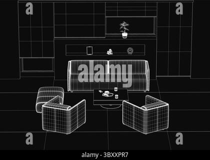 Black and white outline drawing of a cozy living room featuring a sofa, two armchairs, and a coffee table with cups and saucers. A houseplant and deco Stock Vector