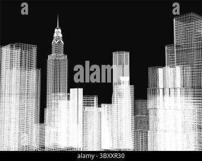 Black and white city skyline with towering skyscrapers arranged in a precise grid pattern, resembling an architectural blueprint. The dark background Stock Vector