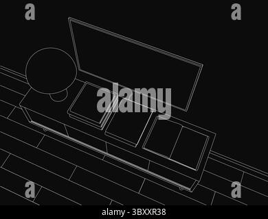 A black and white contour drawing of a laptop resting on a brick wall, with a monitor and various objects on a table nearby. The sketch features clean Stock Vector