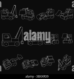 A set of toy construction vehicles outlined in white against a black background, creating a striking contrast. The clean, crisp design highlights exca Stock Vector