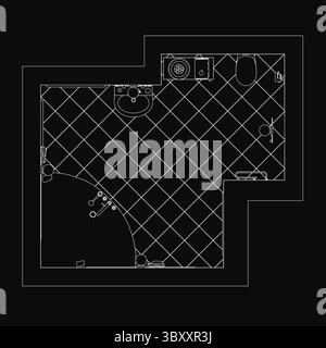 A modern bathroom floor plan with a sink, toilet, and shower, outlined in white against a dark background. The layout is clean and functional, ideal f Stock Vector