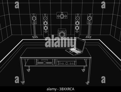 A black and white contour drawing of a recording room featuring a laptop on a table, surrounded by speakers and various objects. The background shows Stock Vector
