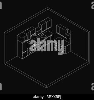 Black and white line drawing of a kitchen featuring a sink, cupboards, and a platform against a dark background. The minimalist design creates a myste Stock Vector