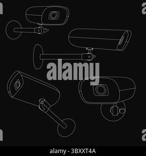 Four security cameras arranged in a row on a black background, each with a distinct design and shape. The surveillance devices range in color from bla Stock Vector