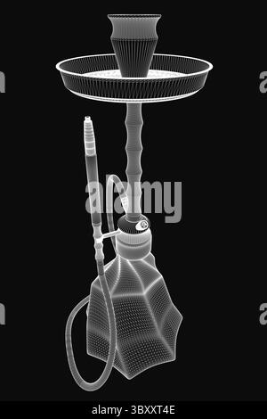 A 3D model of a white hookah with intricate details, including the curved handle, ornate bowl, and slender spout, stands out against a sleek black bac Stock Vector