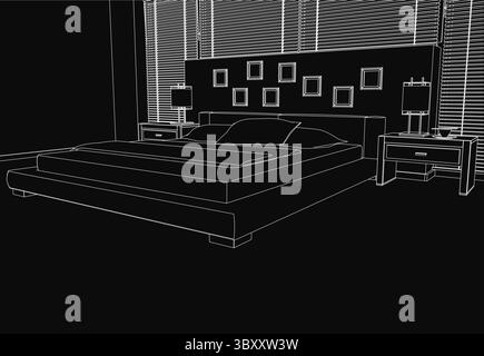 A black and white sketch of a cozy bedroom featuring a neatly made bed with plush pillows, stylish lamps on side tables, framed photos on the wall, an Stock Vector