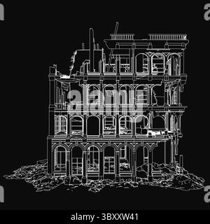 A black and white drawing of a destroyed building with numerous broken windows and crumbling walls, set against a dark, moody background. The structur Stock Vector