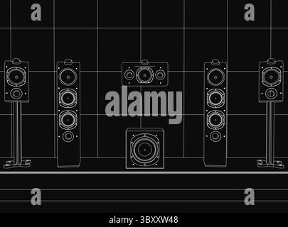 A row of white contour speakers arranged symmetrically on a black background, each with distinct shapes and sizes. The stark contrast highlights the c Stock Vector