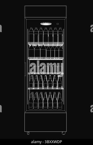 A black and white contour drawing of a refrigerator stocked with neatly arranged beer bottles, showcasing clear visibility of the contents. The clean Stock Vector