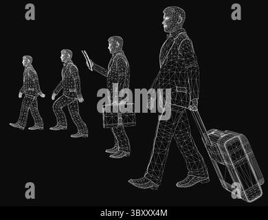 A determined businessman in a suit walks confidently with a suitcase and cell phone, ready for an adventure. The 3D model features a dark background, Stock Vector