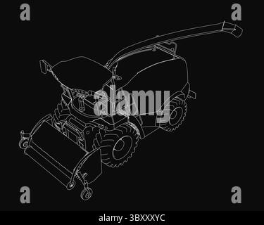 A black and white 3D model of a tractor with detailed headlights, grille, and wheels, set against a solid black background for high contrast. The intr Stock Vector