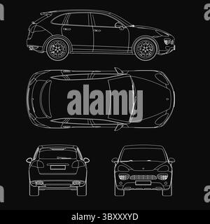 Car blueprint on black background highlights detailed contours, headlights, grille, and alloy wheels. Technical illustration showcases the luxury SUV' Stock Vector