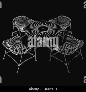 A round black and white table with a glossy finish is surrounded by four modern chairs featuring curved backrests and armrests. The solid black backgr Stock Vector