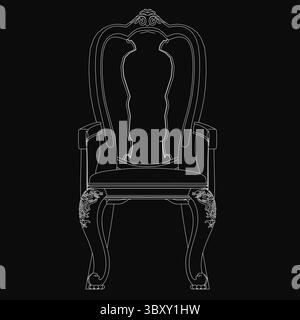 A black and white throne chair with intricate details, including a curved backrest, armrests, and high backrest, stands elegantly on a black backgroun Stock Vector
