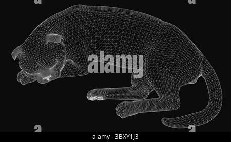 A sleek 3D cat model rests in a sleeping pose on a black background. The detailed big cat features realistic textures and is compatible Stock Vector
