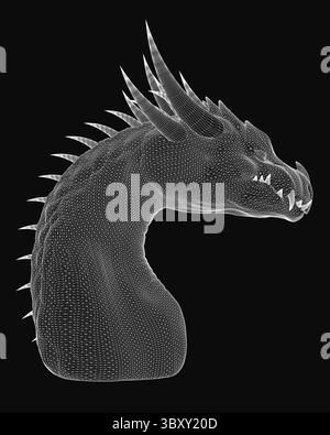 A fierce 3D wireframe dragon head with intricate scales, spread wings, and a long snout stands out against a black background. Its wide, alert eyes an Stock Vector