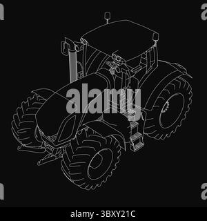 A black and white detailed drawing of a tractor with large wheels and a prominent cab, set against a solid black background for stark contrast. The il Stock Vector