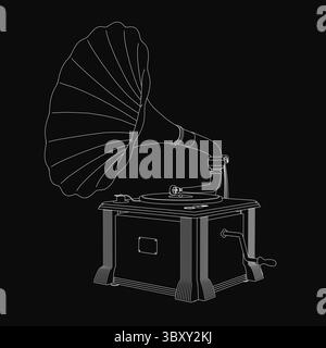 An old gramophone stands out against a solid black background, captured in black and white. The iconic shape, large horn, and handle are prominently f Stock Vector