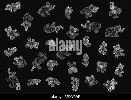 White 3D wireframe elephant toys in various poses arranged on a black background. Vector illustration with clean lines and geometric shapes, creating Stock Vector