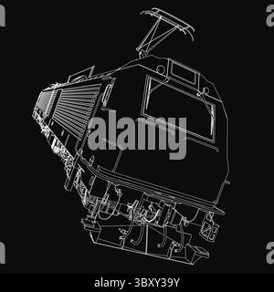 A black and white detailed drawing of a locomotive train on a dark background, featuring intricate tracks, wheels, and engine components. The monochro Stock Vector