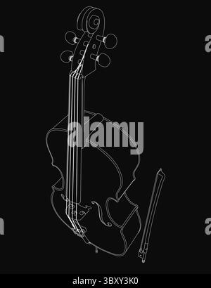 A black and white line art drawing of a cello with detailed strings and bow, isolated on a dark background. The elegant instrument features clean cont Stock Vector