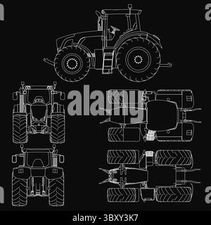 A black and white detailed drawing of a tractor with large wheels, a sturdy cab, and visible mechanical features, set against a dark background. The i Stock Vector