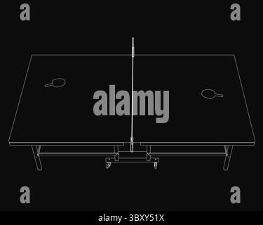 A black and white drawing of a ping pong table with two paddles placed in the center, ready for a game. The rectangular table has a smooth surface, an Stock Vector