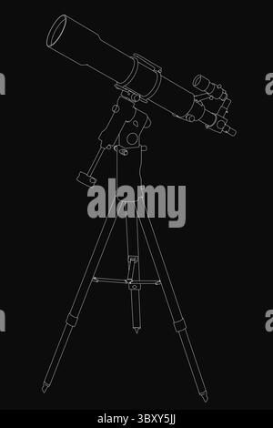 A black and white contour drawing of a telescope mounted on a sturdy tripod, set against a dark background. The illustration features clean lines and Stock Vector