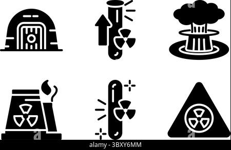 Icons on nuclear themes facility, uranium, enrichment process, bunker, explosion, and warning. Ideal for conflict, energy, and global threat concepts. Stock Vector