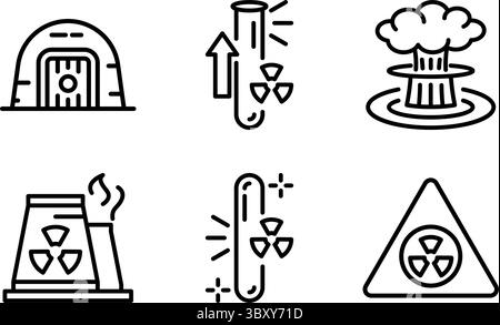 Icons on nuclear themes facility, uranium, enrichment process, bunker, explosion, and warning. Ideal for conflict, energy, and global threat concepts. Stock Vector